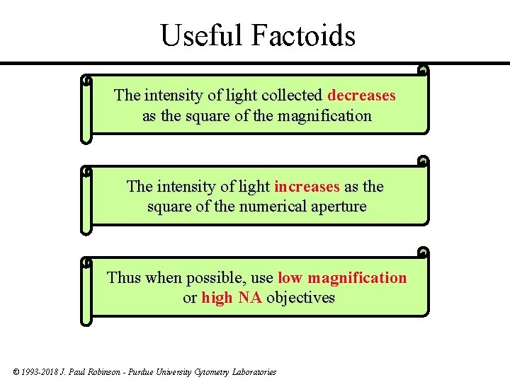 Useful Factoids The intensity of light collected decreases as the square of the magnification