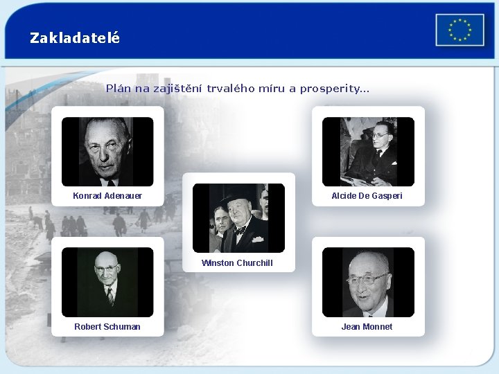 Zakladatelé Plán na zajištění trvalého míru a prosperity… Konrad Adenauer Alcide De Gasperi Winston