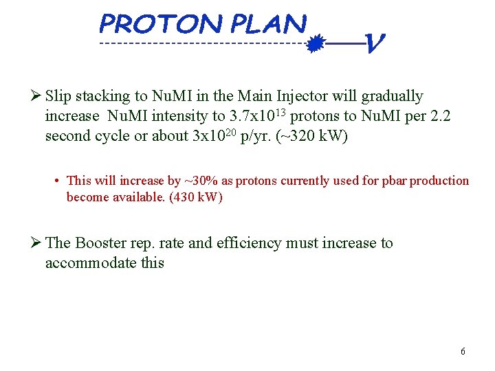 Ø Slip stacking to Nu. MI in the Main Injector will gradually increase Nu.