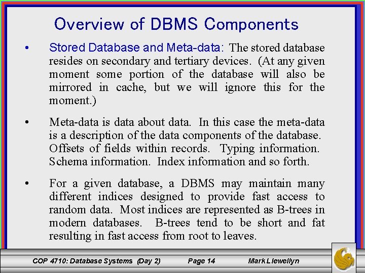 Overview of DBMS Components • Stored Database and Meta-data: The stored database resides on