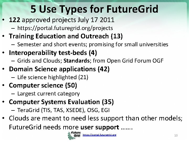 5 Use Types for Future. Grid • 122 approved projects July 17 2011 –