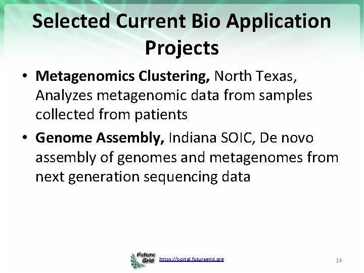 Selected Current Bio Application Projects • Metagenomics Clustering, North Texas, Analyzes metagenomic data from