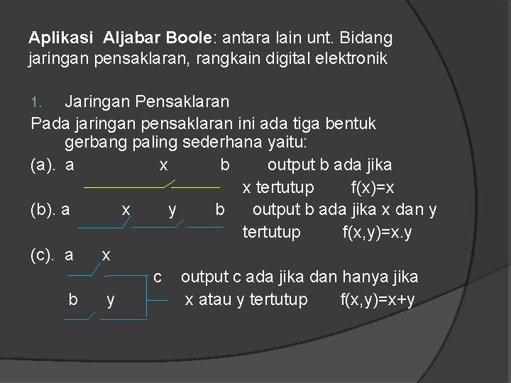 Aplikasi Aljabar Boole: antara lain unt. Bidang jaringan pensaklaran, rangkain digital elektronik Jaringan Pensaklaran