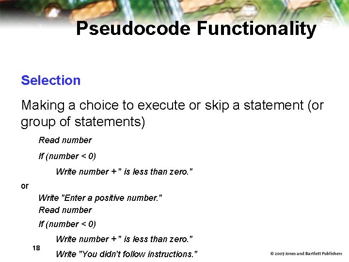 Pseudocode Functionality Selection Making a choice to execute or skip a statement (or group Pseudocode Functionality Selection Making a choice to execute or skip a statement (or group