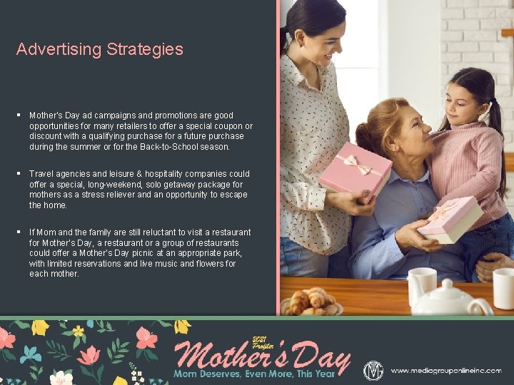 Advertising Strategies § Mother’s Day ad campaigns and promotions are good opportunities for many