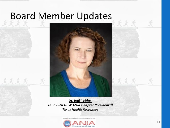 Board Member Updates Dr. Joni Padden Your 2020 DFW ANIA Chapter President!!! Texas Health