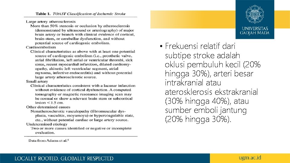  • Frekuensi relatif dari subtipe stroke adalah oklusi pembuluh kecil (20% hingga 30%),