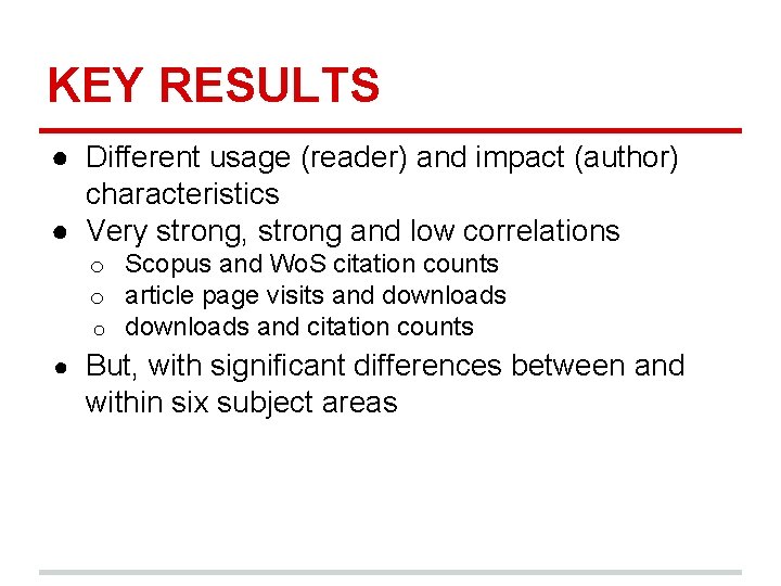 KEY RESULTS ● Different usage (reader) and impact (author) characteristics ● Very strong, strong