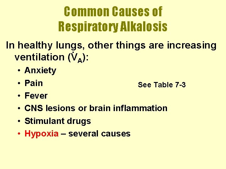 Common Causes of Respiratory Alkalosis In healthy lungs, other things are increasing. ventilation (VA):