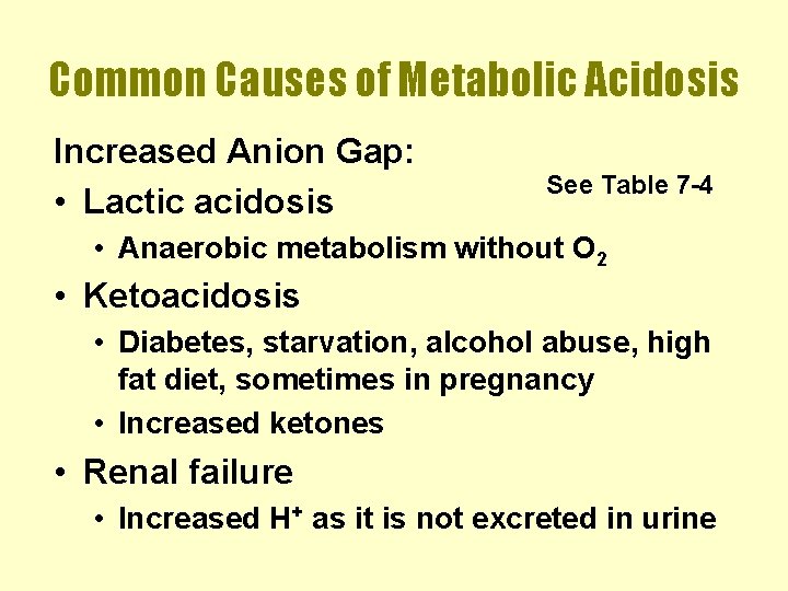 Common Causes of Metabolic Acidosis Increased Anion Gap: • Lactic acidosis See Table 7