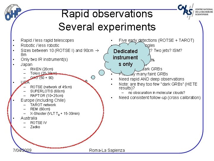 Rapid observations Several experiments • • • Rapid / less rapid telescopes Robotic /