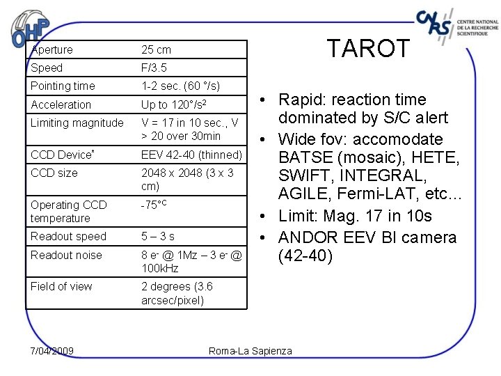TAROT Aperture 25 cm Speed F/3. 5 Pointing time 1 -2 sec. (60 °/s)
