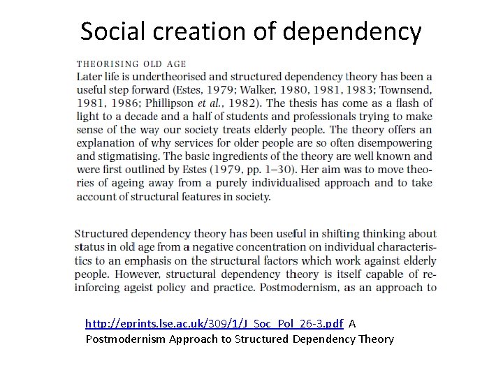 Social creation of dependency http: //eprints. lse. ac. uk/309/1/J_Soc_Pol_26 -3. pdf A Postmodernism Approach