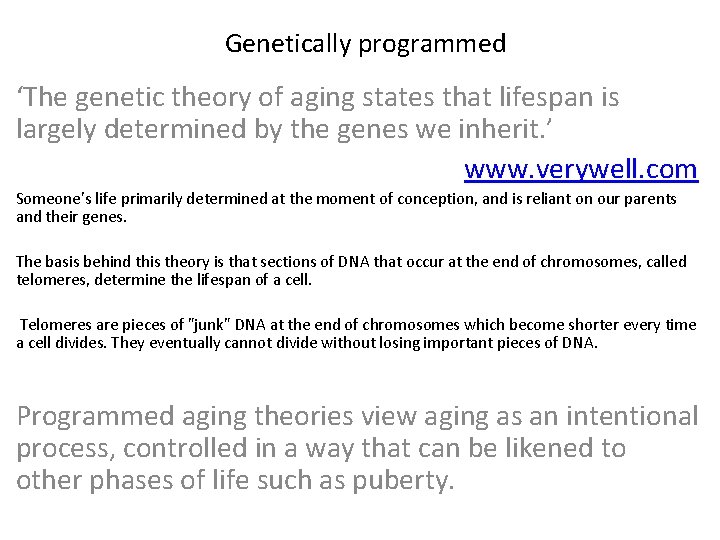 Genetically programmed ‘The genetic theory of aging states that lifespan is largely determined by