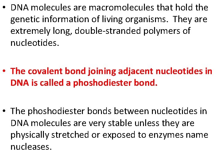  • DNA molecules are macromolecules that hold the genetic information of living organisms.