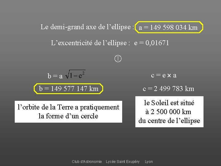 Le demi-grand axe de l’ellipse : a = 149 598 034 km L’excentricité de