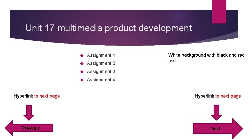 Unit 17 multimedia product development Hyperlink to next page Previous Assignment 1 Assignment 2