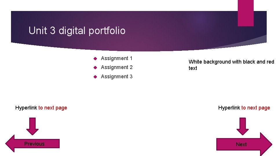 Unit 3 digital portfolio Hyperlink to next page Previous Assignment 1 Assignment 2 Assignment