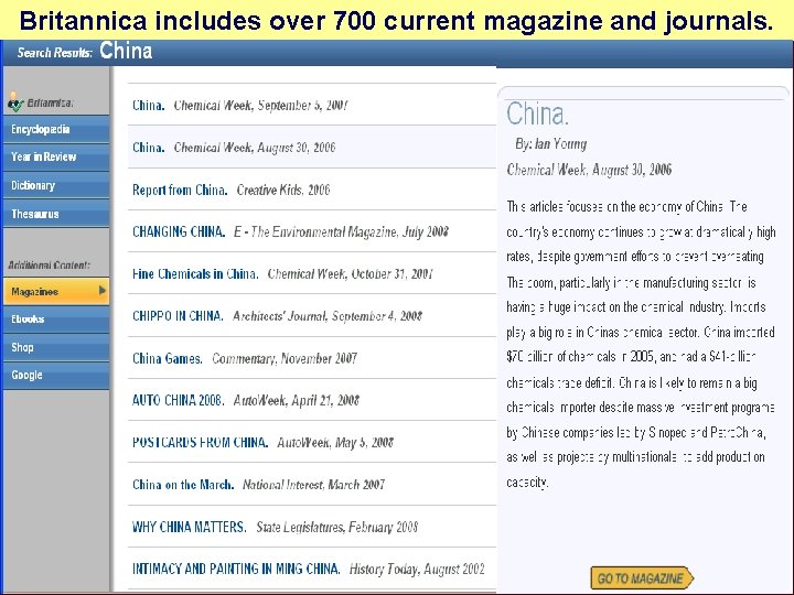 Britannica includes over 700 current magazine and journals. 