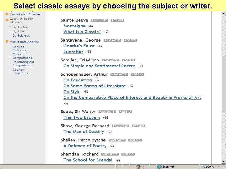 Select classic essays by choosing the subject or writer. 