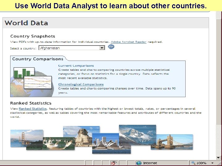 Use World Data Analyst to learn about other countries. 