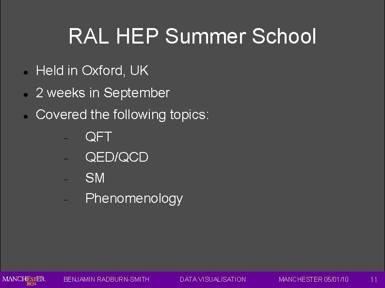 RAL HEP Summer School Held in Oxford, UK 2 weeks in September Covered the