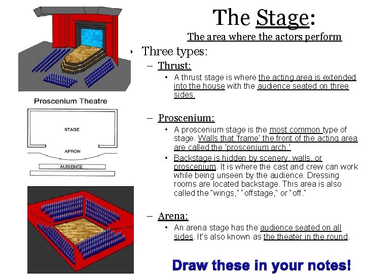 The Stage: The area where the actors perform • Three types: – Thrust: •