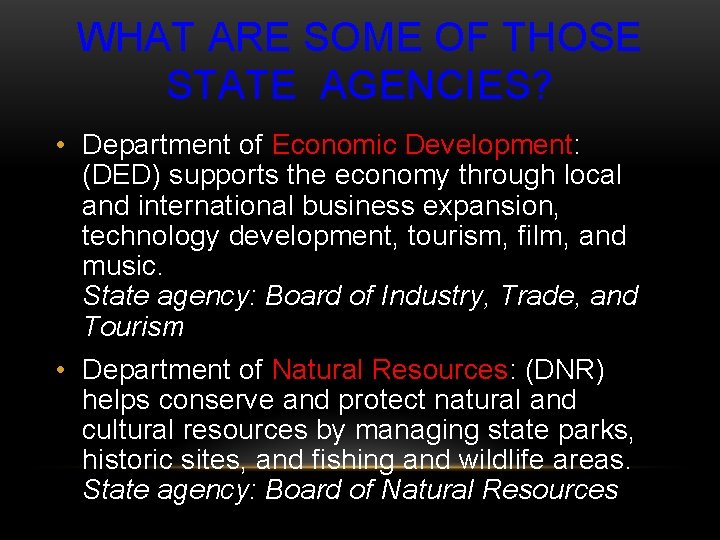 WHAT ARE SOME OF THOSE STATE AGENCIES? • Department of Economic Development: (DED) supports