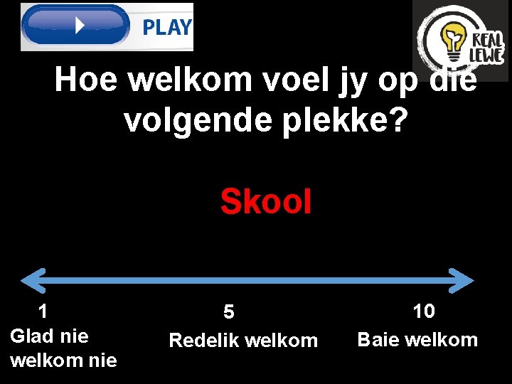 Hoe welkom voel jy op die volgende plekke? Skool 1 Glad nie welkom nie