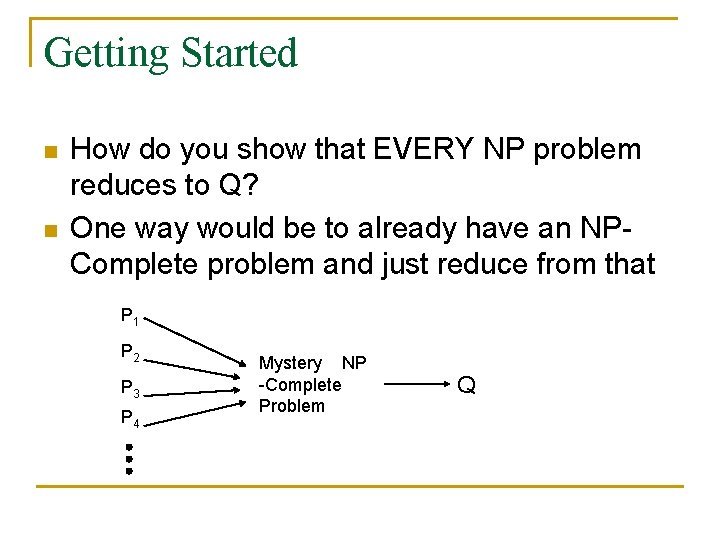 Getting Started n n How do you show that EVERY NP problem reduces to