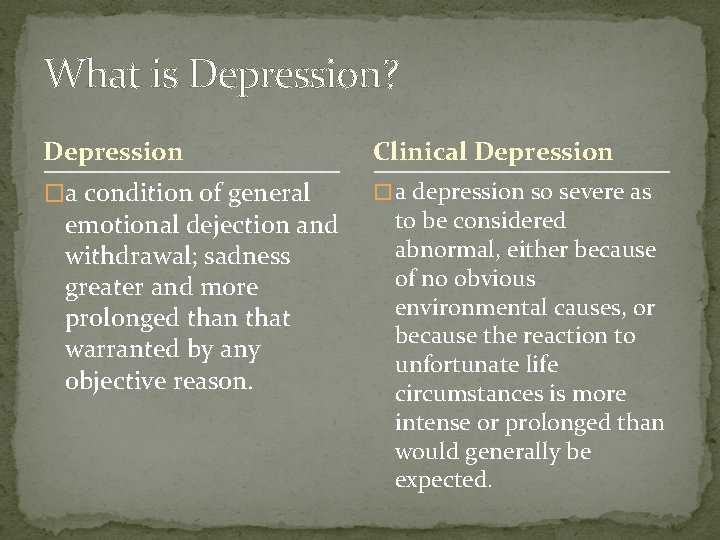 What is Depression? Depression Clinical Depression �a condition of general � a depression so