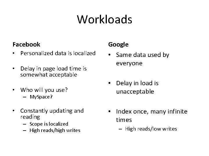 Workloads Facebook Google • Personalized data is localized • Same data used by everyone
