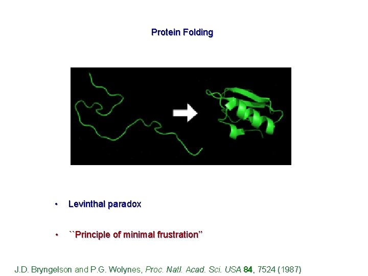 Protein Folding • Levinthal paradox • ``Principle of minimal frustration’’ J. D. Bryngelson and