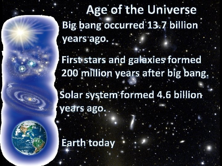 Age of the Universe Big bang occurred 13. 7 billion years ago. First stars