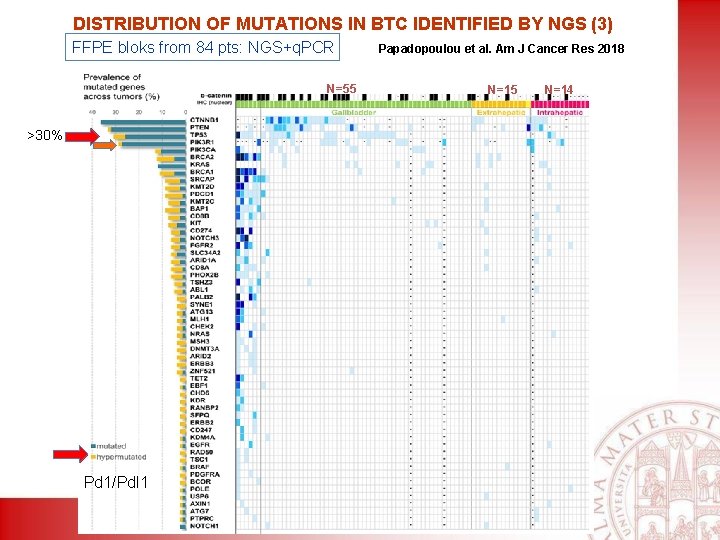 DISTRIBUTION OF MUTATIONS IN BTC IDENTIFIED BY NGS (3) FFPE bloks from 84 pts:
