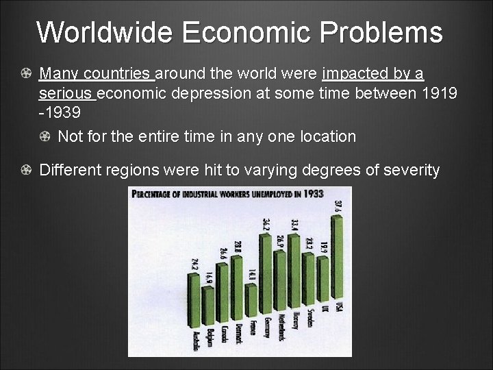 Worldwide Economic Problems Many countries around the world were impacted by a serious economic