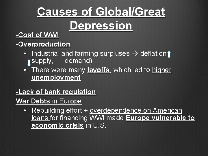 Causes of Global/Great Depression -Cost of WWI -Overproduction • Industrial and farming surpluses deflation