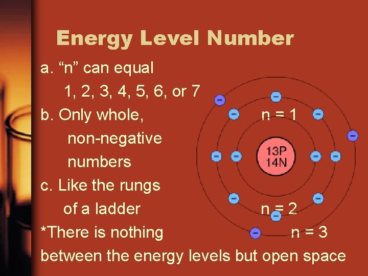 Energy Level Number a. “n” can equal 1, 2, 3, 4, 5, 6, or