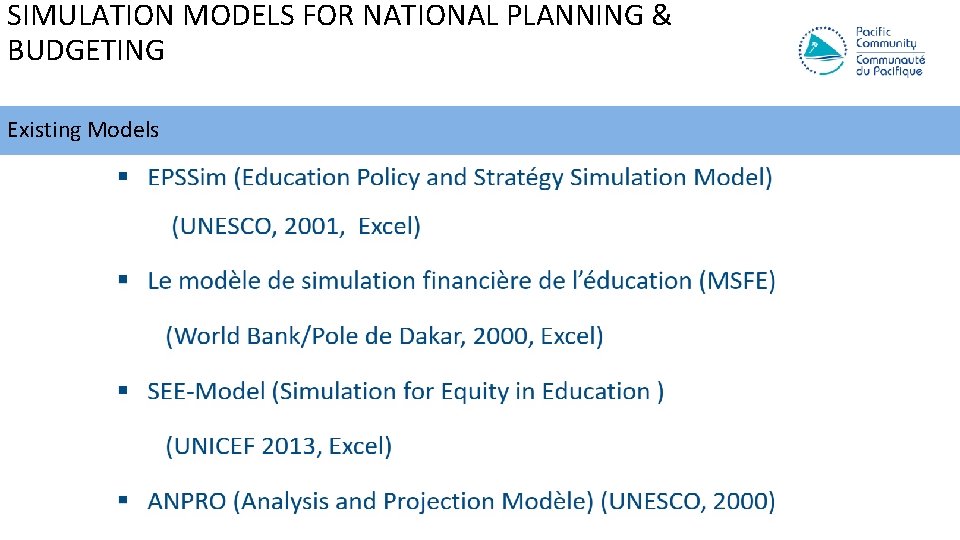 SIMULATION MODELS FOR NATIONAL PLANNING & BUDGETING Existing Models 