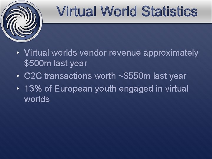  • Virtual worlds vendor revenue approximately $500 m last year • C 2