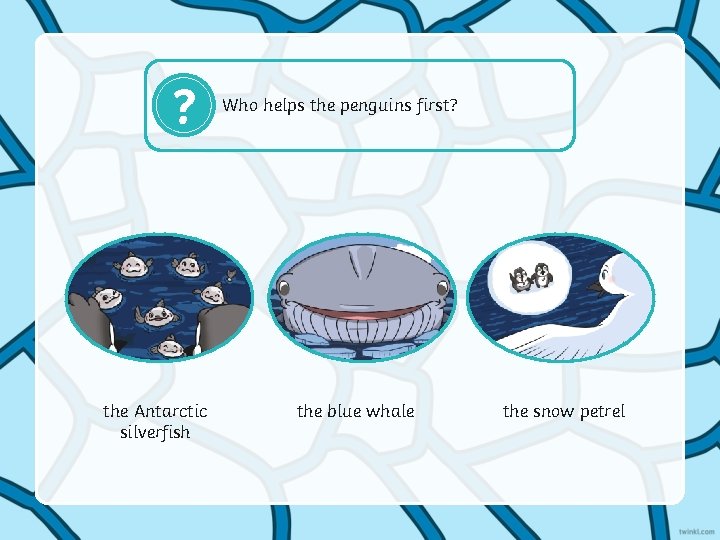 ? the Antarctic silverfish Who helps the penguins first? the blue whale the snow