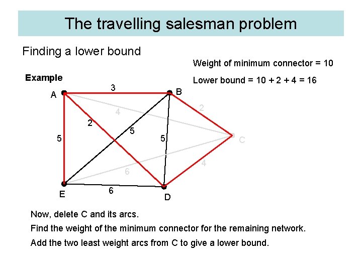The travelling salesman problem Finding a lower bound Weight of minimum connector = 10