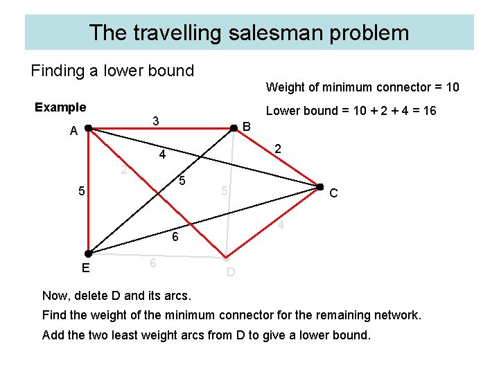 The travelling salesman problem Finding a lower bound Weight of minimum connector = 10