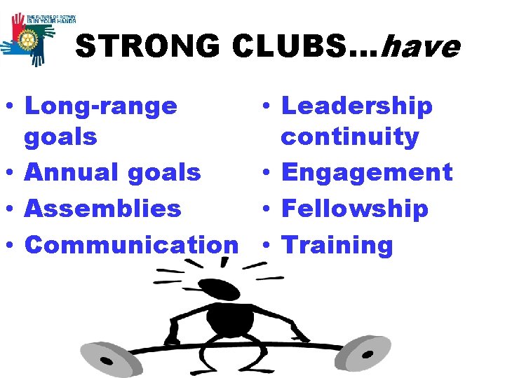 STRONG CLUBS…have • Long-range goals • Annual goals • Assemblies • Communication • Leadership