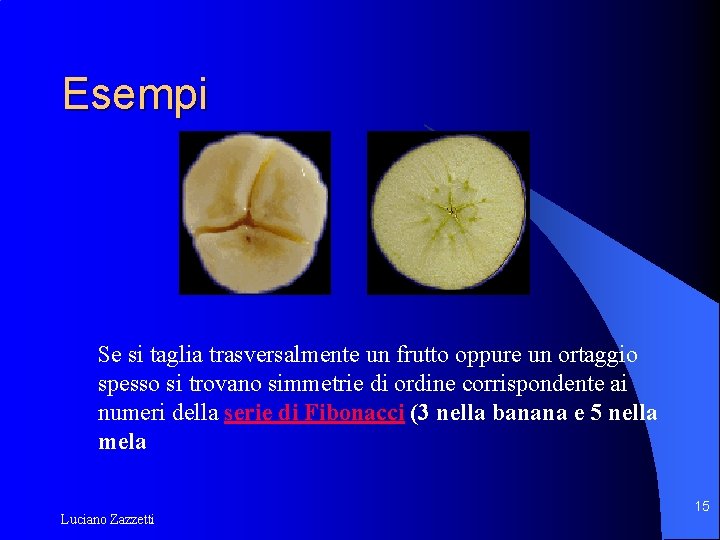 Esempi Se si taglia trasversalmente un frutto oppure un ortaggio spesso si trovano simmetrie