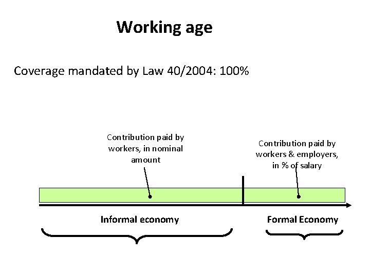 Working age Coverage mandated by Law 40/2004: 100% Contribution paid by workers, in nominal