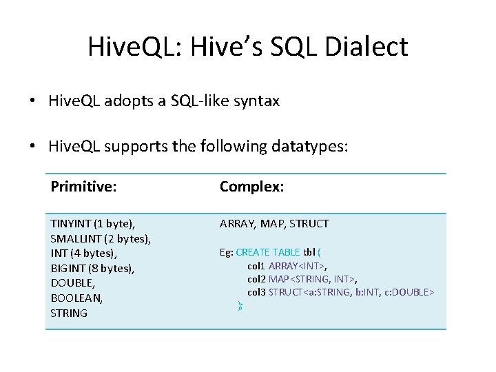 Hive. QL: Hive’s SQL Dialect • Hive. QL adopts a SQL-like syntax • Hive.