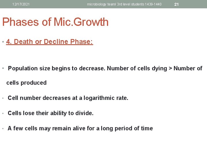 12/17/2021 microbiology team/ 3 rd level students 1439 -1440 21 Phases of Mic. Growth