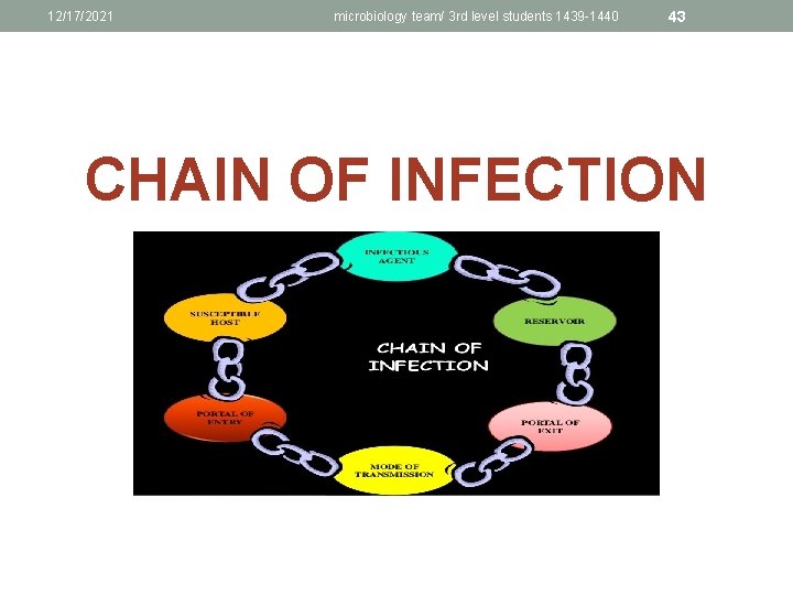 12/17/2021 microbiology team/ 3 rd level students 1439 -1440 43 CHAIN OF INFECTION 