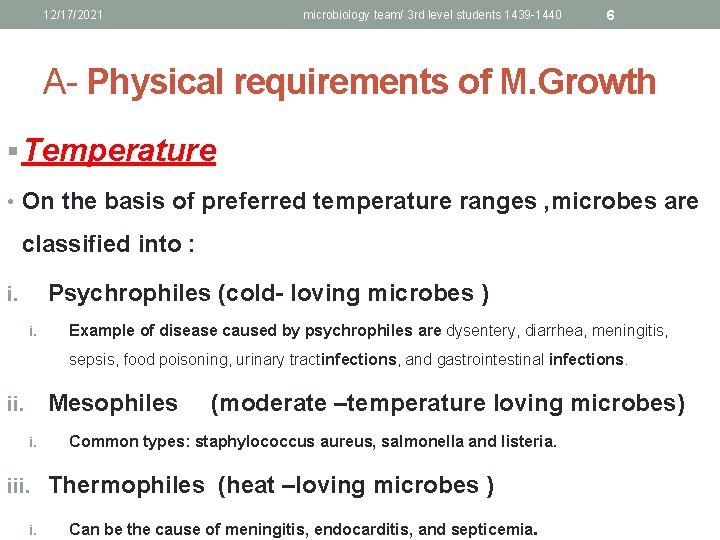 12/17/2021 microbiology team/ 3 rd level students 1439 -1440 6 A- Physical requirements of